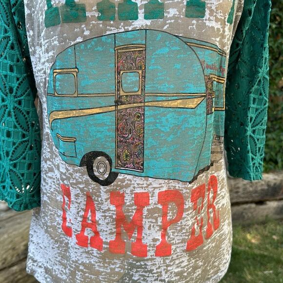 Southern Grace Happy Camper Lace Sleeved Shirt Teal Green/Gray Burnout Large - Picture 3 of 13